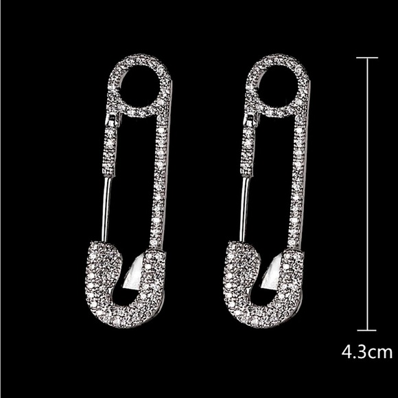 Silver Rhinestone Safety Pin Earrings, Minimalist - Picture 6 of 6